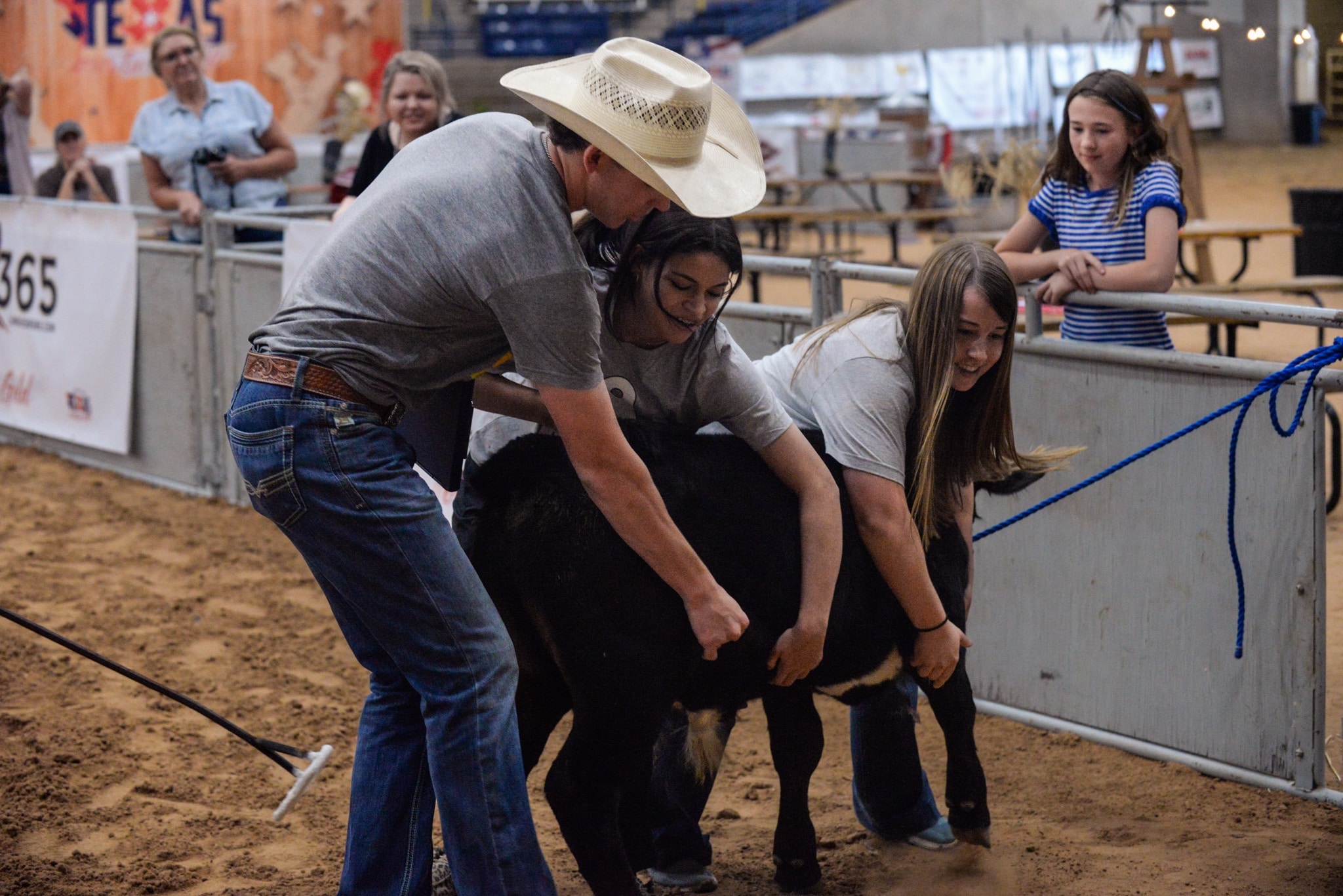A man in a cowboy hat and two girls are holding a black and white calf in a livestock show arena. People watch from behind the metal fence, and the area is filled with sawdust and fair decorations.