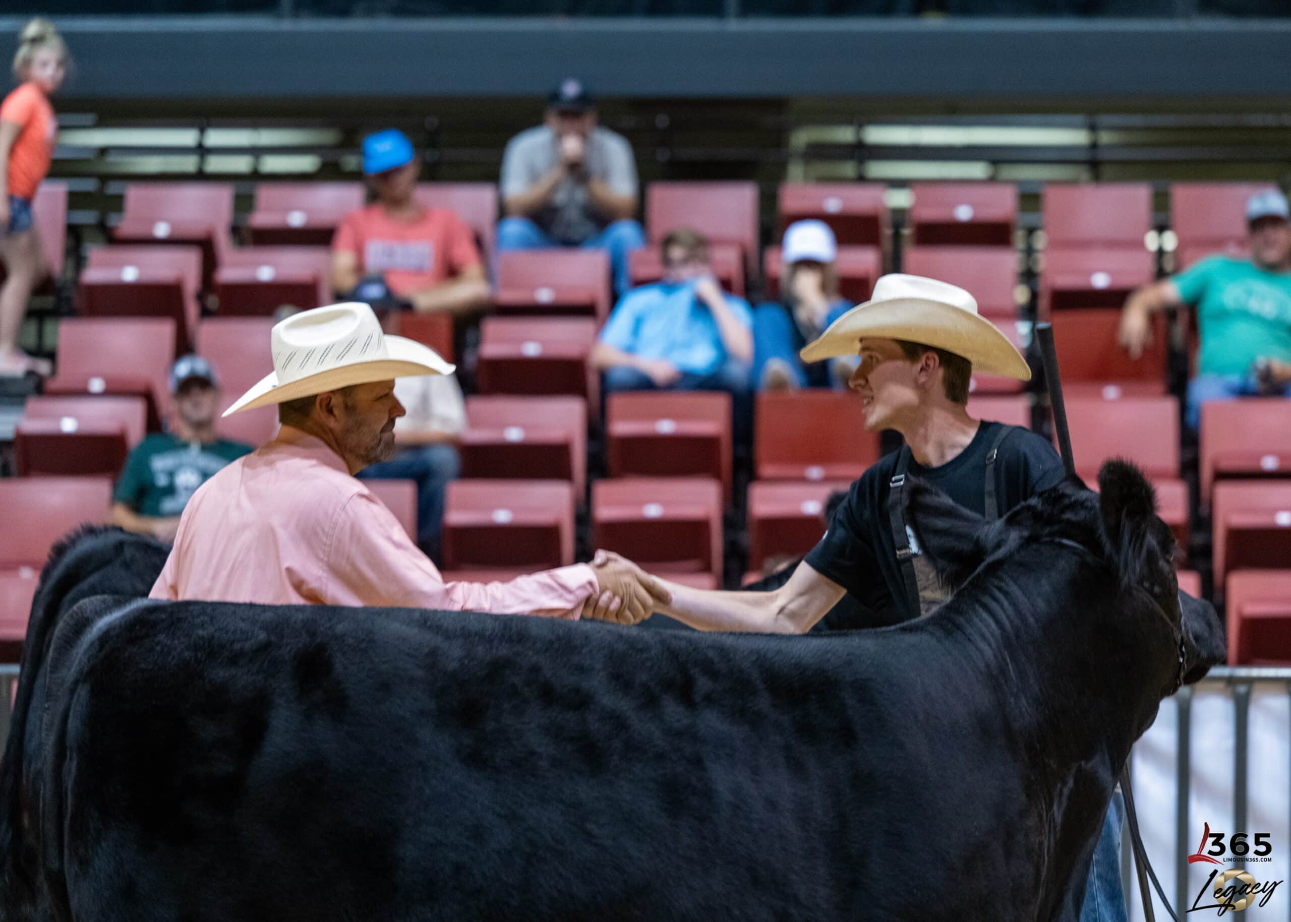 A man wearing a white cowboy hat, glasses, and a black suit with a red tie speaks into a microphone at a wooden podium decorated with sunflowers, guitars, and colorful bouquets.