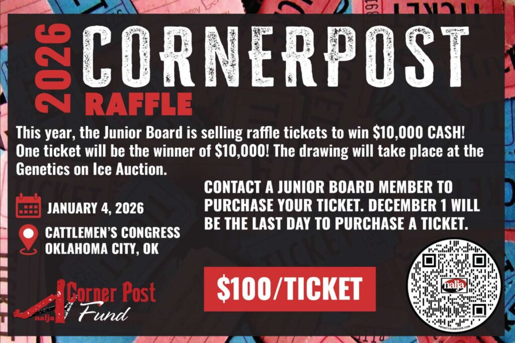 A raffle flyer announces the 2026 Cornerpost Raffle with $10,000 cash prize. It mentions ticket sales, the January 4, 2026 drawing, $100 ticket price, and a QR code for more info, set on a red background.