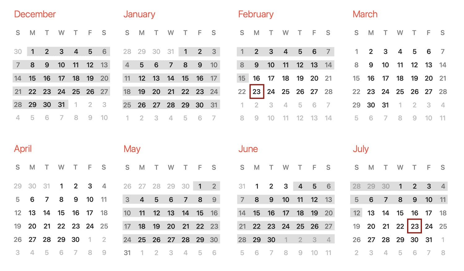 A calendar spanning December to July with months in a 3x2 grid. Most dates are grayed out except March 1–31, May 1–31, and July 1–31. February 23 and July 23 are outlined with a red box.