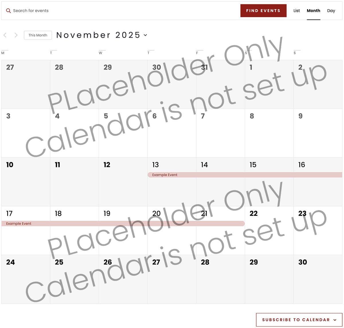A digital calendar for November 2025 displays the message Placeholder Only Calendars not set up. Only one event, Example Event, is shown on November 14. The layout offers options to list, view by month, or subscribe.