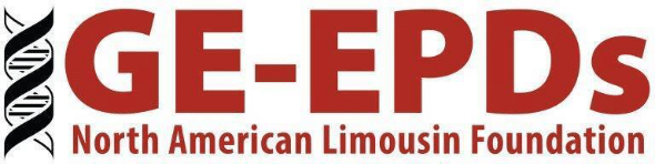 Logo with a DNA strand graphic and large red text reading “GE-EPDs, with North American Limousin Foundation written below in smaller text.