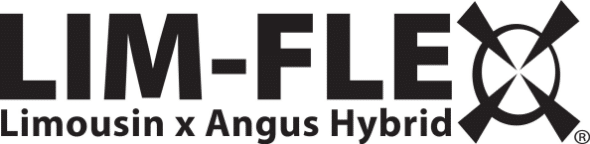 Black and white logo with bold text reading LIM-FLEX and smaller text below saying Limousin x Angus Hybrid, next to a stylized design resembling an X made of four segments.