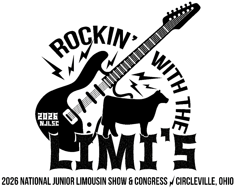 Logo featuring an electric guitar, a cow silhouette, and lightning bolts. Text reads: Rockin with the Limis, 2026 NJLSC and 2026 National Junior Limousin Show & Congress, Circleville, Ohio.