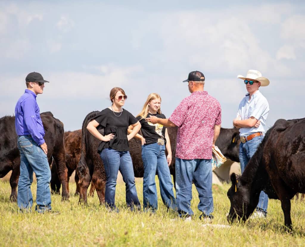 Five people stand in a grassy field among grazing cows, having a conversation. They wear casual clothes, sunglasses, and hats, and the sky is clear with light clouds in the background.