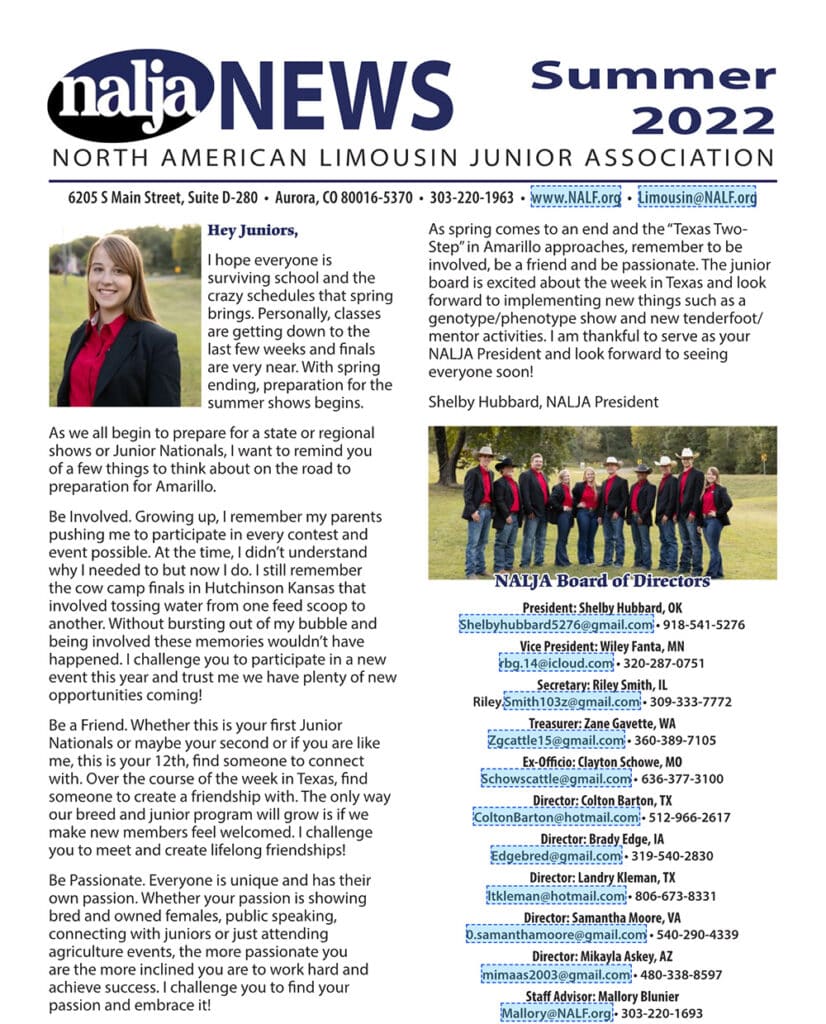 A newsletter page titled nalia NEWS Summer 2022 from the North American Limousin Junior Association featuring articles, photos of people, contact info, and a Board of Directors group photo with members standing in a row outdoors.
