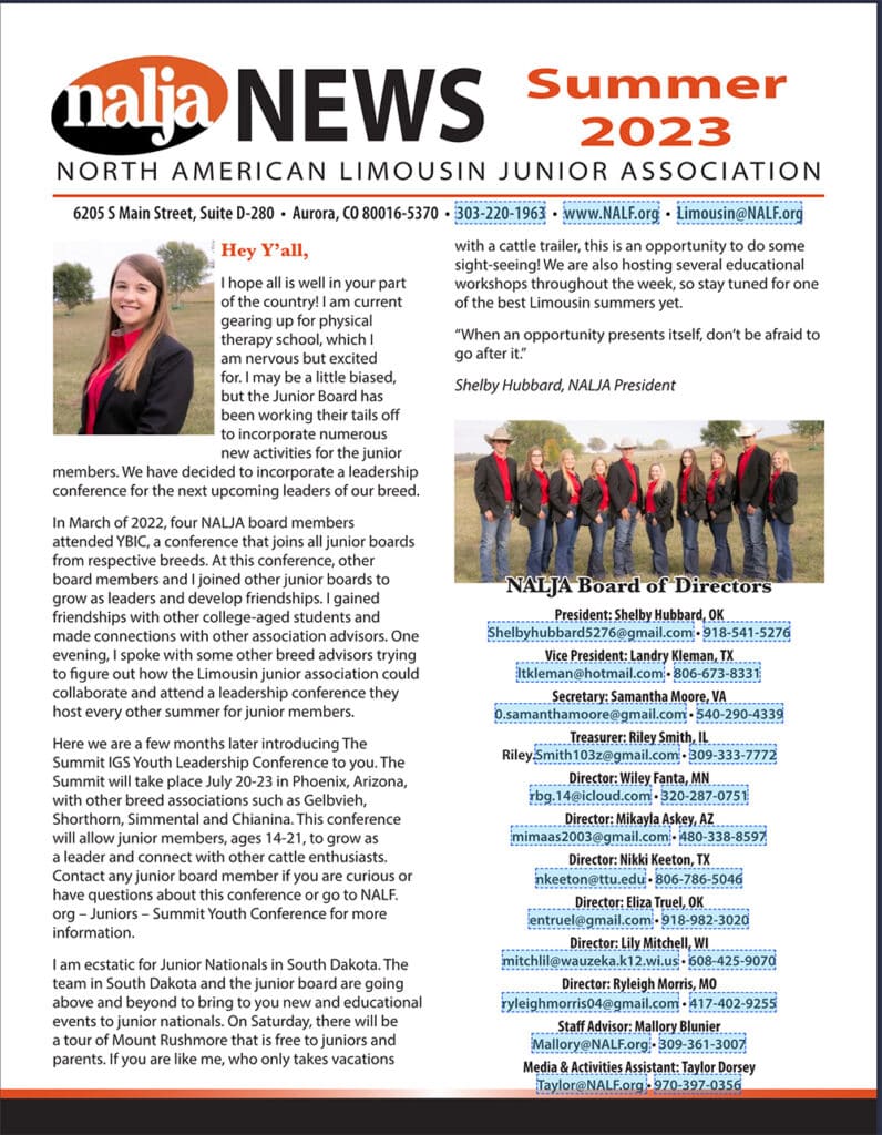 A newsletter page titled NALJA News: Summer 2023 from the North American Limousin Junior Association, featuring a letter from Shelby Hubbardt, photos of her and the board, and info on the 2023 Board of Directors.