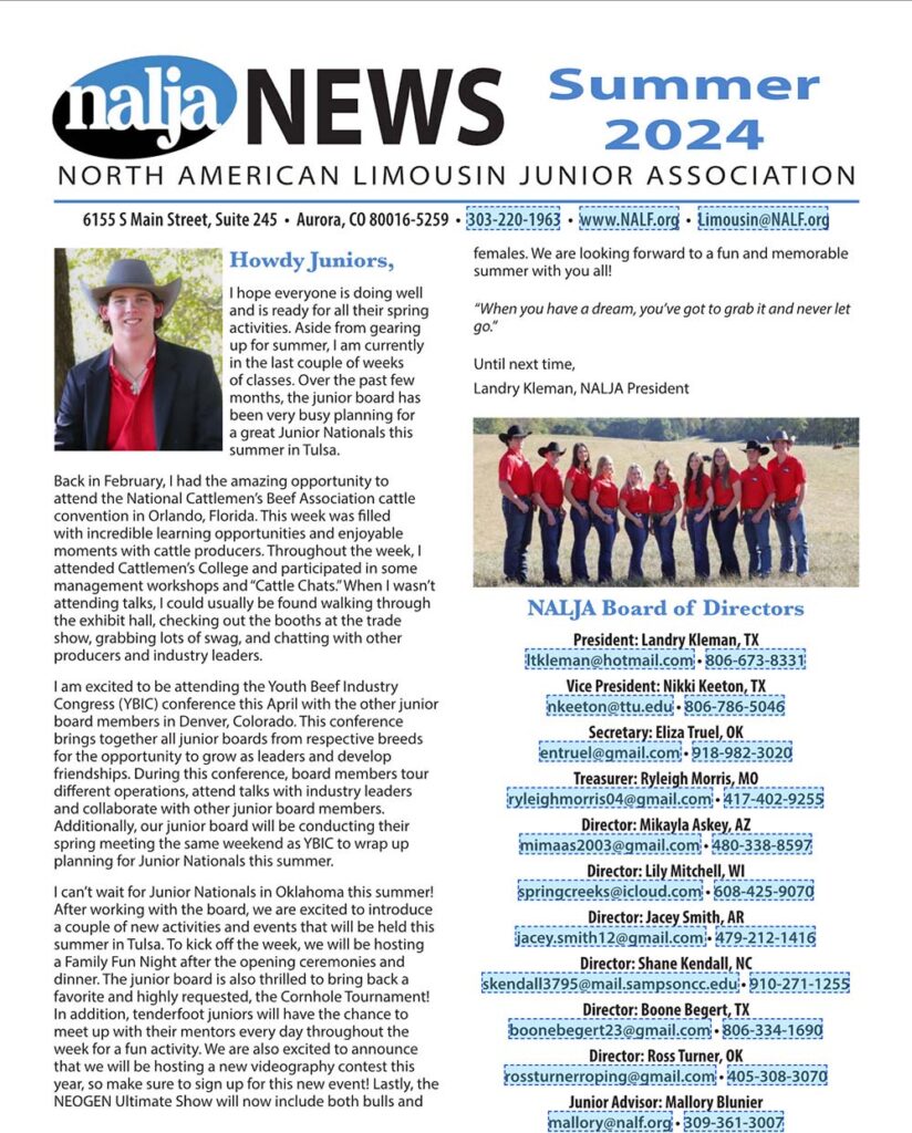 Front page of the NALJA Summer 2024 newsletter features photos of junior board members, a welcome letter, event info, and a list of the North American Limousin Junior Association Board of Directors.