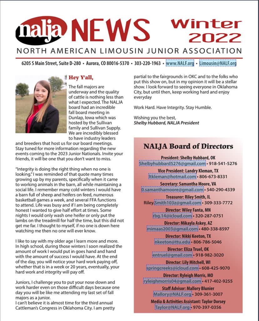 A newsletter titled “NALJA NEWS Winter 2022” features an article, NALJA board contacts, and a photo of a young woman smiling, standing beside a brick wall. The content discusses leadership and upcoming junior events.