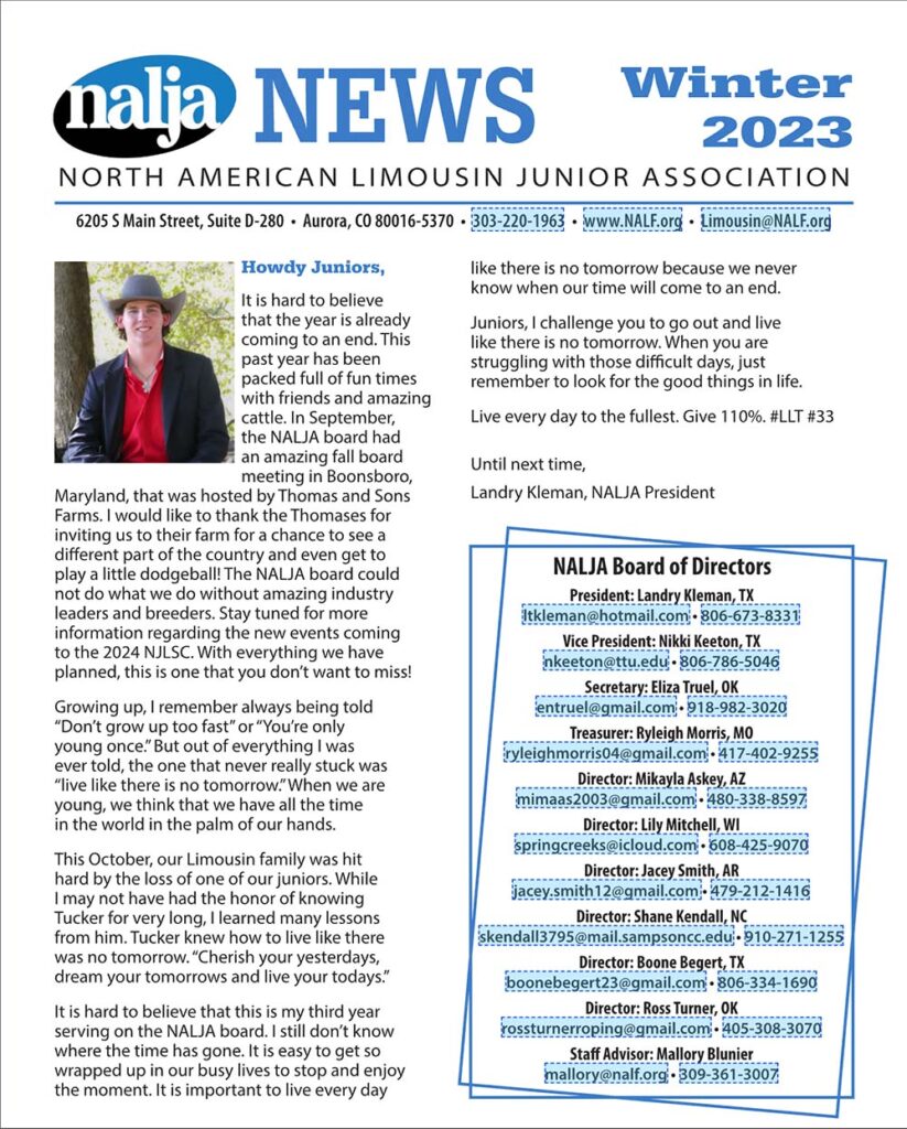 A newsletter with the title “NALJA NEWS Winter 2023” includes a junior president’s letter, a board of directors list with contact info, and a photo of a young man in a red shirt and cowboy hat. Blue and white theme throughout.