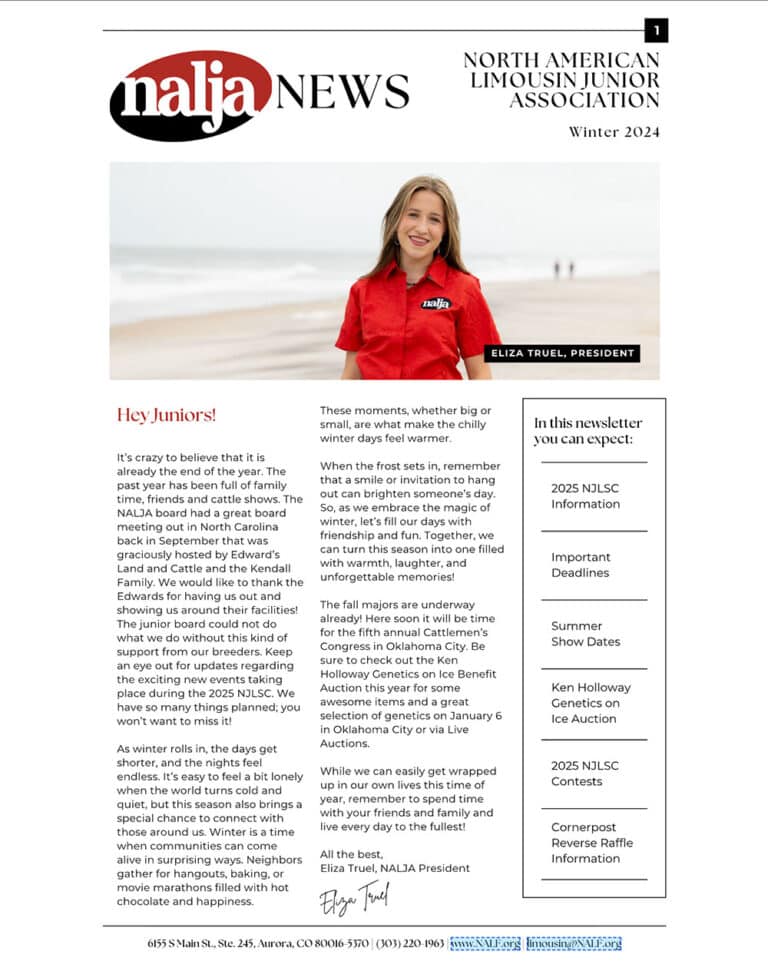 A newsletter titled NALJA News Winter 2024 features a photo of a smiling young woman in a red shirt above a message to junior members. The sidebar lists contents such as important information, events, and show dates.