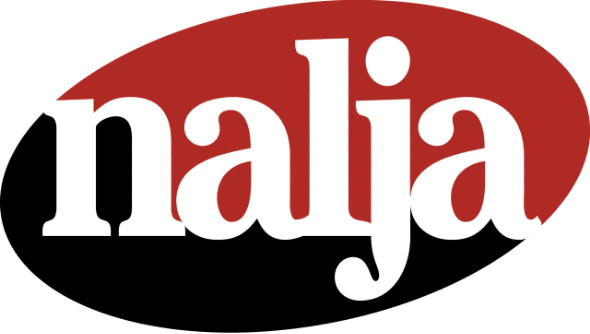 The image shows the word nalja in bold, white lowercase letters, centered inside an oval shape. The top half of the oval is red and the bottom half is black.