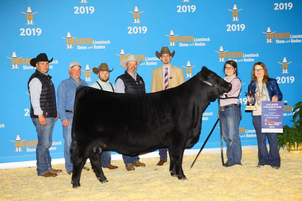 A group of seven people stand behind a black steer at the 2019 Houston Livestock Show and Rodeo. One person holds the steer’s lead, while another holds a trophy and a sign reading “Grand Champion.”.