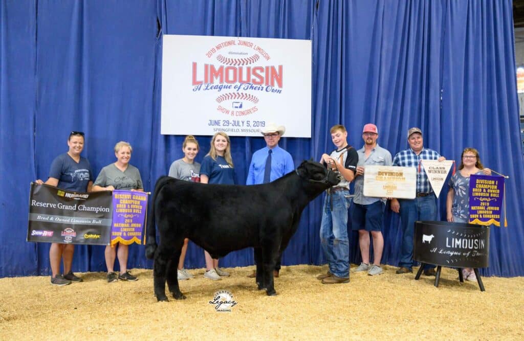 A group of people pose proudly with a black Limousin cow at a livestock show, holding awards and banners. A large event sign is displayed in the background with show details.