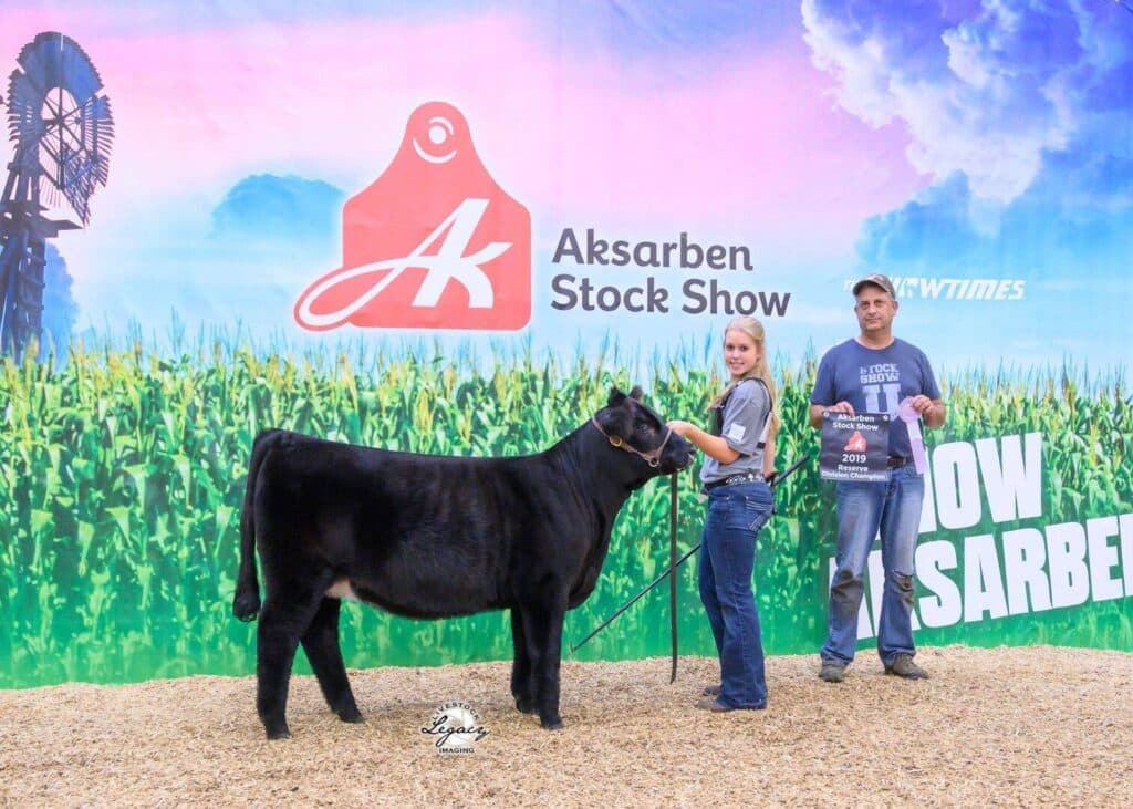 A young woman holds a black calf on a lead, while a man stands beside her holding a banner at the Aksarben Stock Show. The backdrop features a cornfield, a windmill, and the event logo.