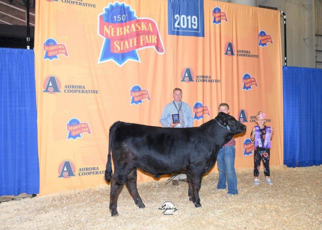 Three people, including two children, stand with a black cow in front of a Nebraska State Fair 2019 backdrop inside a barn. The floor is covered in straw, and the group is posing for a photo.