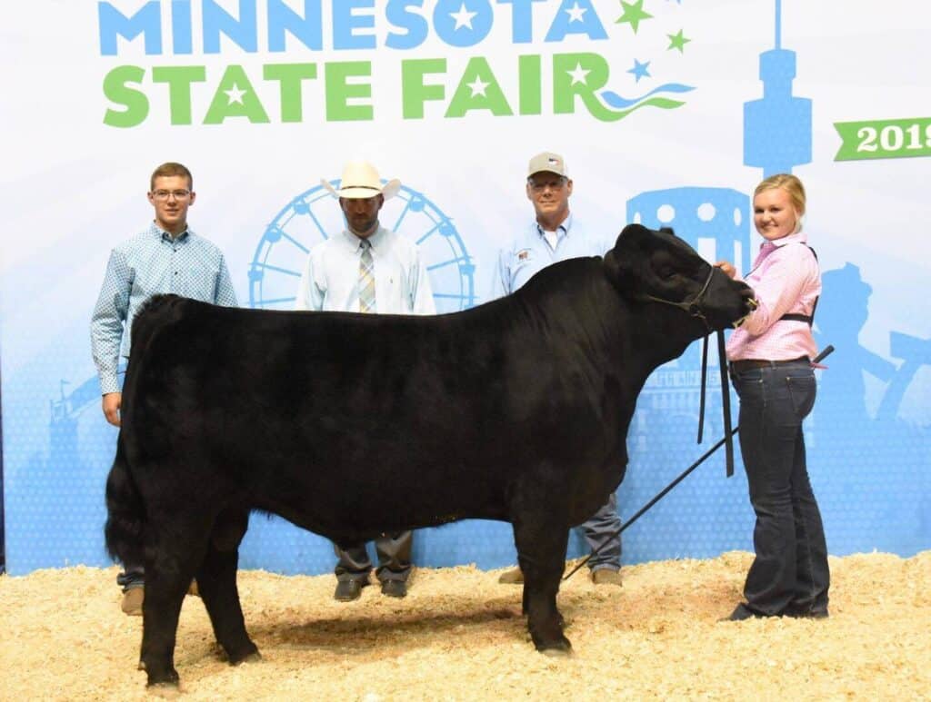 Four people stand behind a black cow at the Minnesota State Fair, posing for a photo in front of a fair-themed backdrop with a Ferris wheel illustration and the year 2019 displayed.
