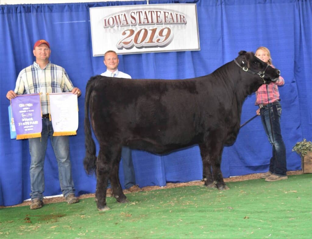 Three people pose with a black cow at the Iowa State Fair 2019. Two hold award banners, and a blue backdrop with the event sign hangs behind them. The cow is standing on green turf.