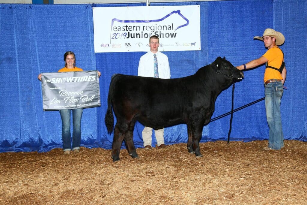 Three people pose with a black bull at a livestock show. One person holds a banner reading “Reserve Lim-Flex Bull,” while another stands behind the bull and the third holds its lead. A blue curtain and show sign are in the background.