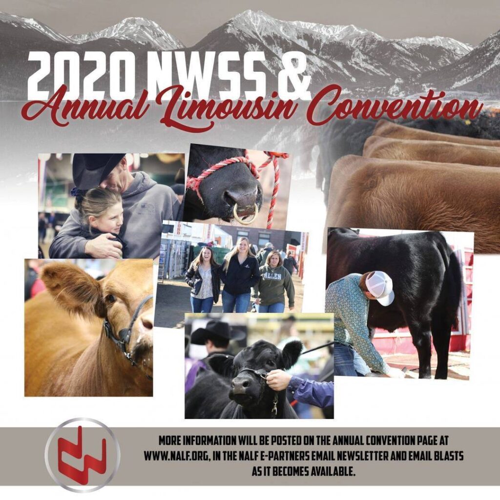 A promotional graphic for the 2020 NWSS & Annual Limousin Convention shows mountains, event title, a cow logo, and photos of people interacting with cattle at the convention. Event info and website details are listed at the bottom.