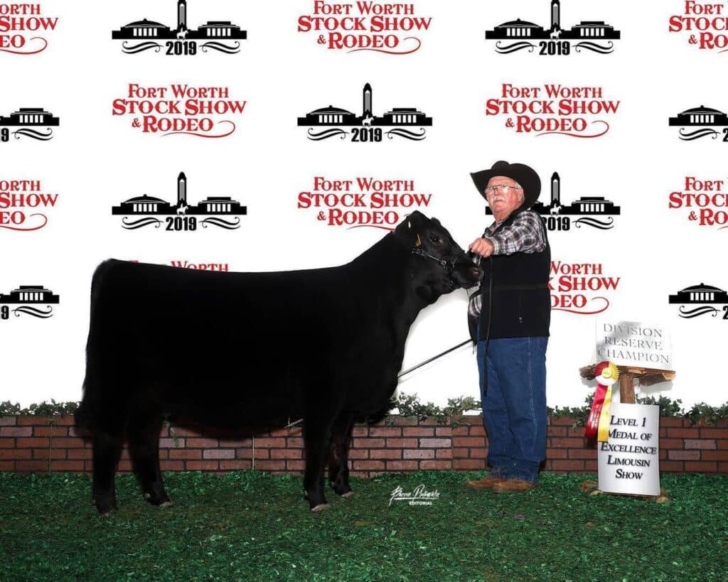 A man in a cowboy hat stands proudly with a black cow at the Fort Worth Stock Show & Rodeo. They pose in front of a step-and-repeat banner, next to a sign reading Division Reserve Champion - Level 1 Medal of Excellence.