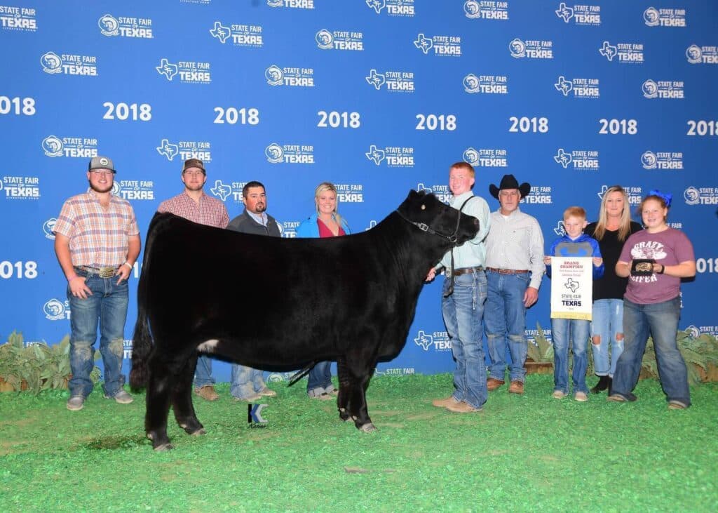 A group of people pose with a large black cow in front of a blue State Fair of Texas 2018 backdrop. One person holds a banner for the Grand Champion Market Steer. The group stands on green artificial grass.