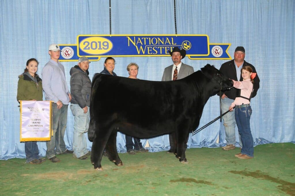 A group of eight people stand behind a black cow, posing for a photo at the 2019 National Western event. One person holds a banner reading Reserve Champion, and a blue curtain backdrop displays the event name.