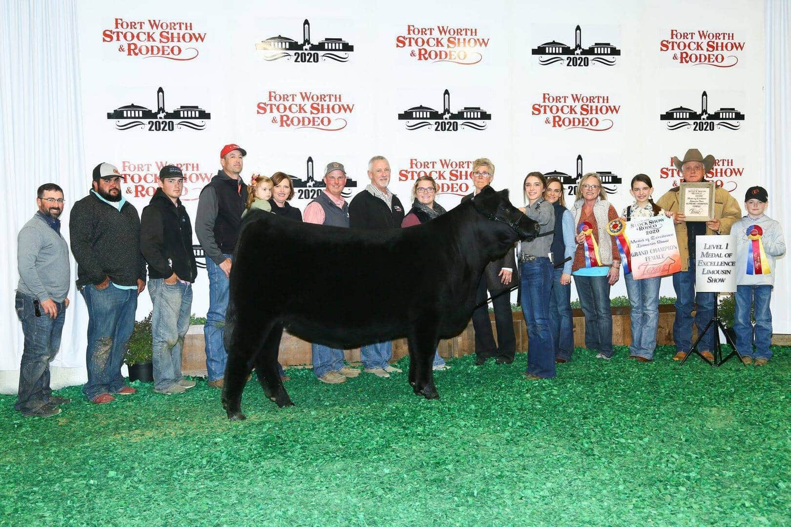 A group of people poses with a black cow in front of a “Fort Worth Stock Show & Rodeo 2020” backdrop; some hold banners and trophies, celebrating an award.