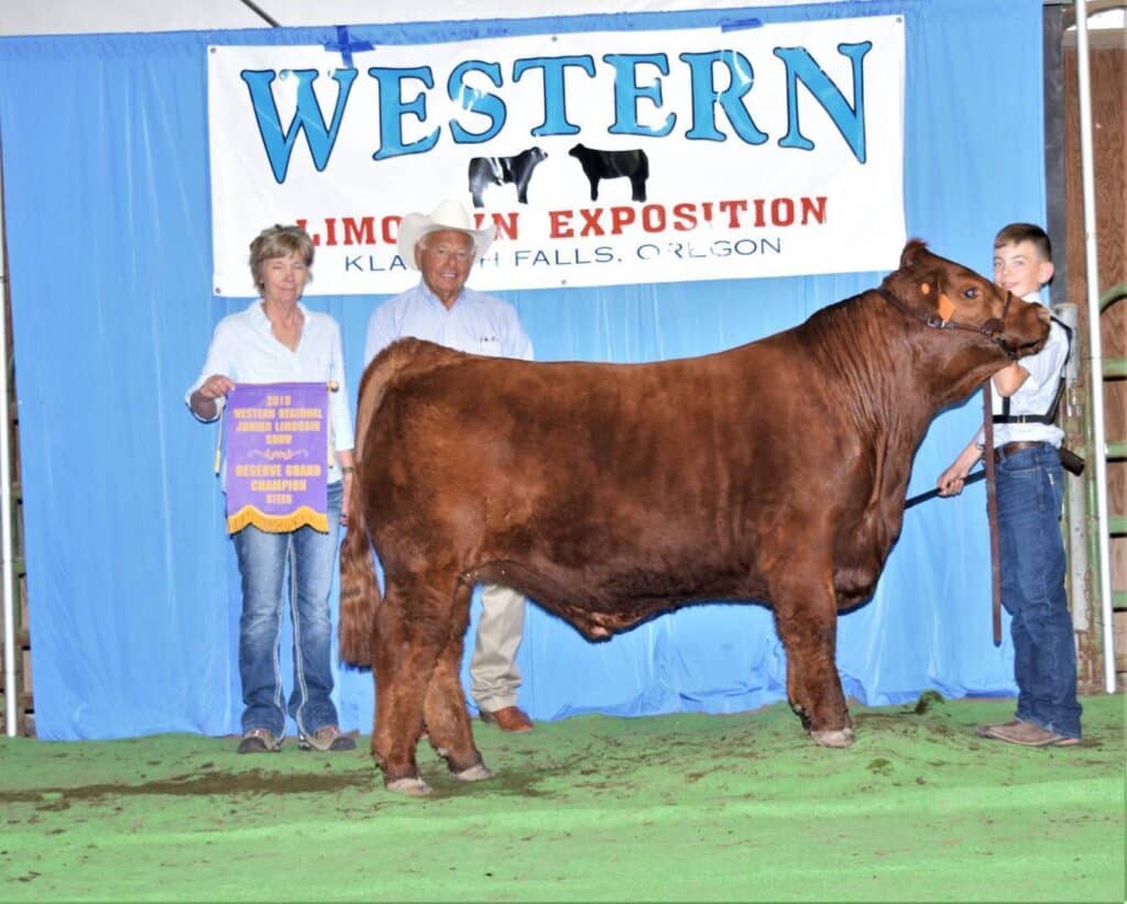 A boy holds a brown cow with two adults beside him, one holding a blue and yellow award ribbon. They stand in front of a sign that reads Western Limousin Exposition, Klamath Falls, Oregon.