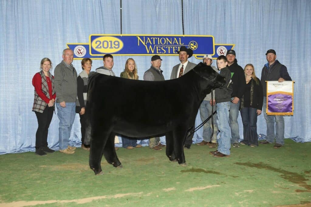 A group of people stand behind a black cow at the 2019 National Western event. A blue backdrop and event banner are displayed, and one person holds a purple award banner.