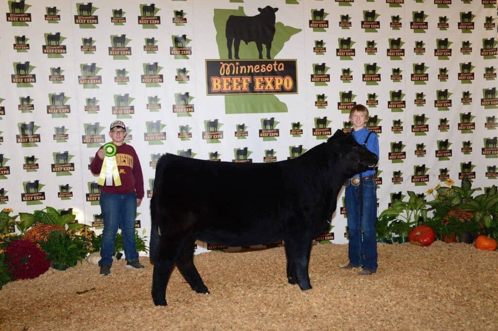 Two people pose with a black cow at the Minnesota Beef Expo. One person holds a yellow ribbon, and the backdrop features the expo logo and images of cows, with plants and pumpkins on the ground.