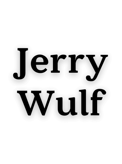 The image displays the name Jerry Wulf in large, bold, black letters on a plain, light gray background.