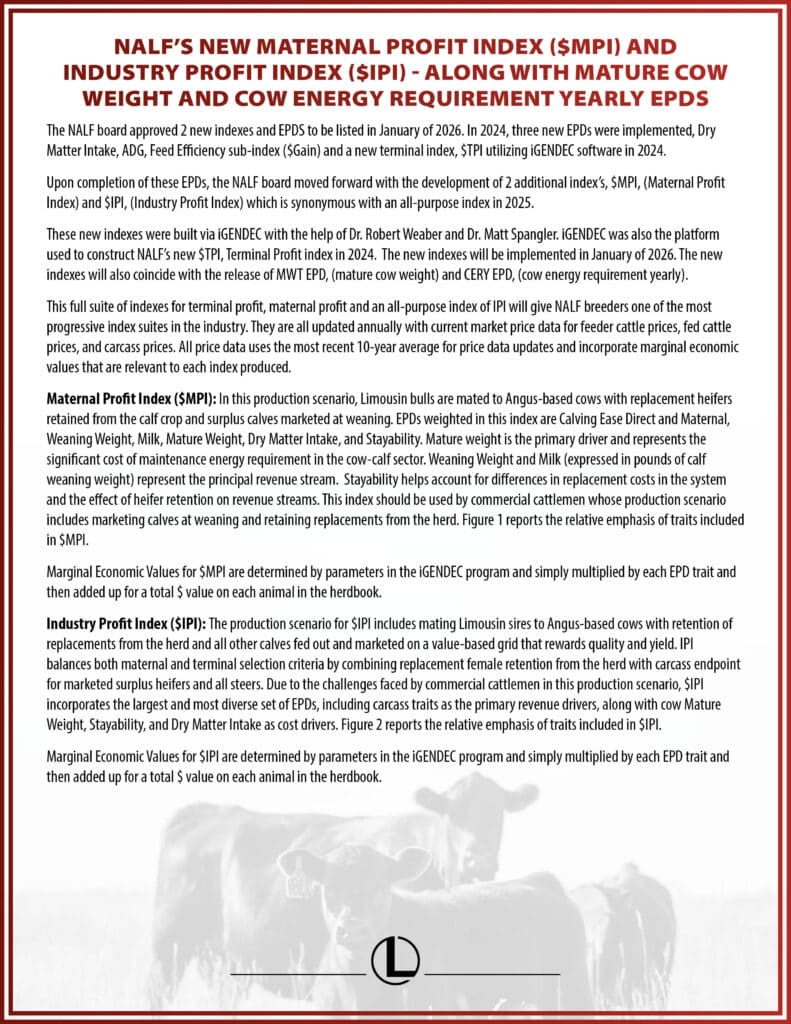 A detailed flyer explains NALF’s new $MPI and $IPI indices, EPD updates, and the new Mature Cow Weight and Cow Energy Requirement EPDs, outlining their purpose, implementation timeline, and benefits for cattle production.