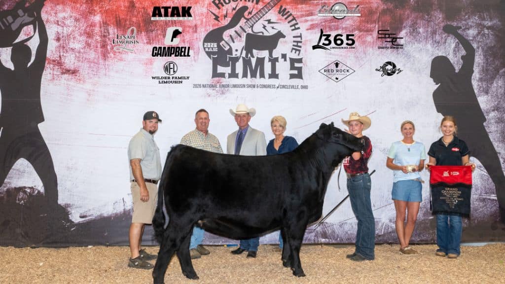 Six people pose with a black cow at a livestock show. Some are holding awards, and a background banner displays various sponsor logos. The group stands on straw-covered ground.