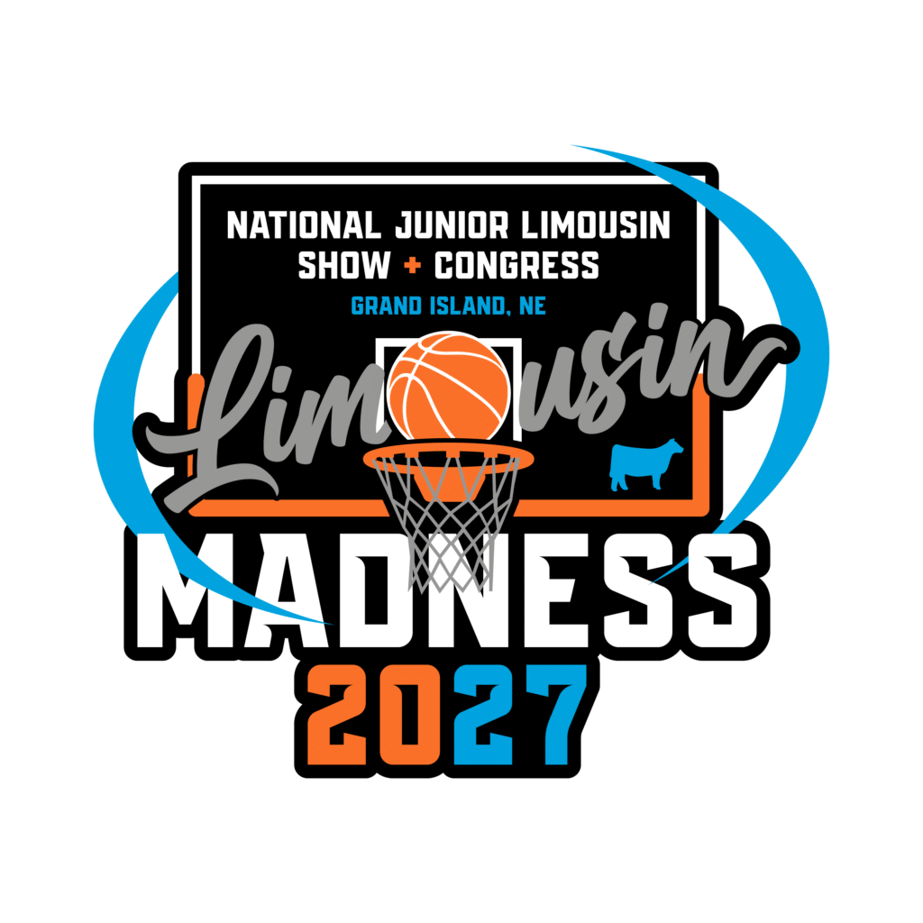 Logo for the 2027 National Junior Limousin Show and Congress. Features a basketball hoop, ball, stylized text, and a silhouette of a cow, with GRAND ISLAND, NE and event details included.